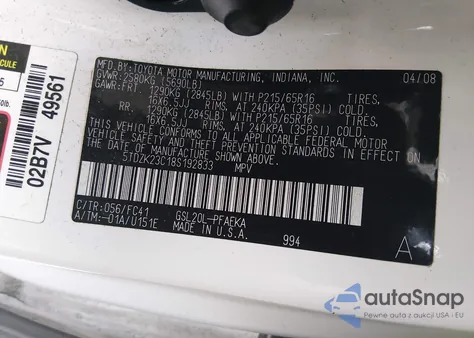 2008 Toyota Sienna Le from USA, damaged, VIN 5TDZK23C18S192833